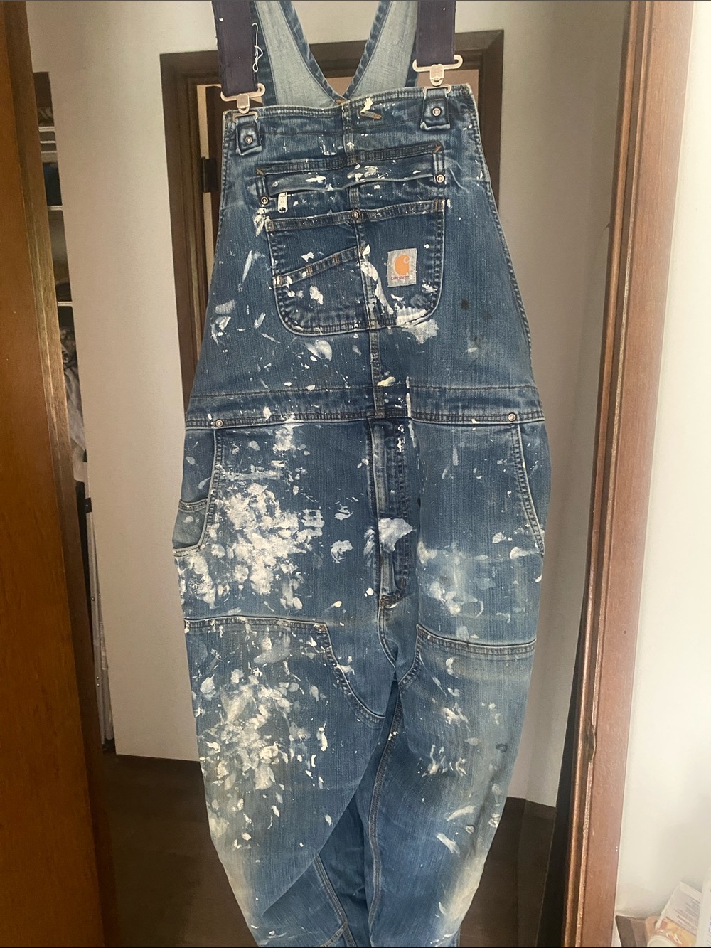 Carhartt Blue Denim Overalls with White Paint Accents 42x29